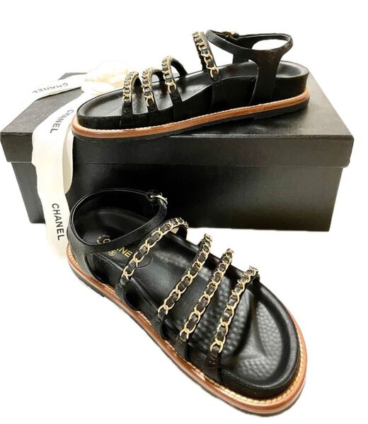 CHANEL シャネル ゴールド チェーン サンダル 35 後カカト ココマーク 付属 箱/保存袋×2/カメリア付リボン 超美品