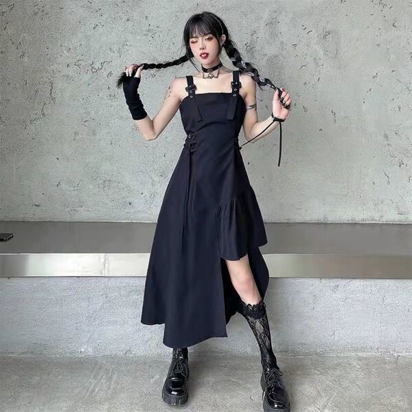ワンピース モード アシンメトリー コルセット ミニワンピ 黒 韓国 ゴスロリ ブラック