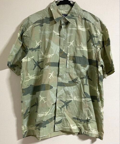 STUSSY 90s 半袖 総柄シャツ ステューシー 飛行機 航空機 紺タグ USA製 戦闘機柄 ボックスシルエットシャツ M