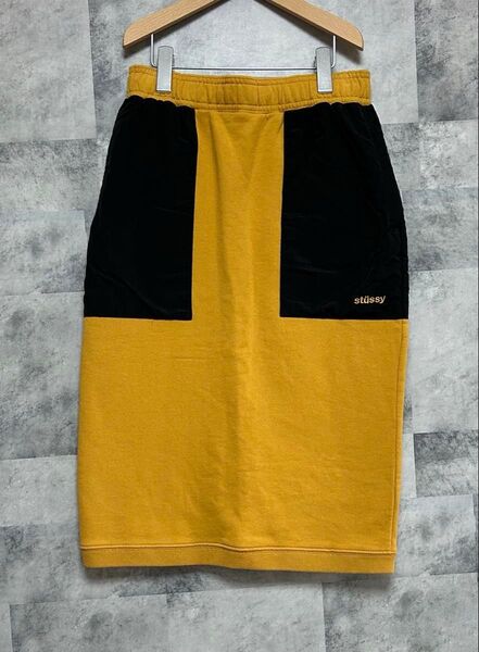 ステューシー stussy ひざ丈 タイト スカート イエロー ブラック 無地