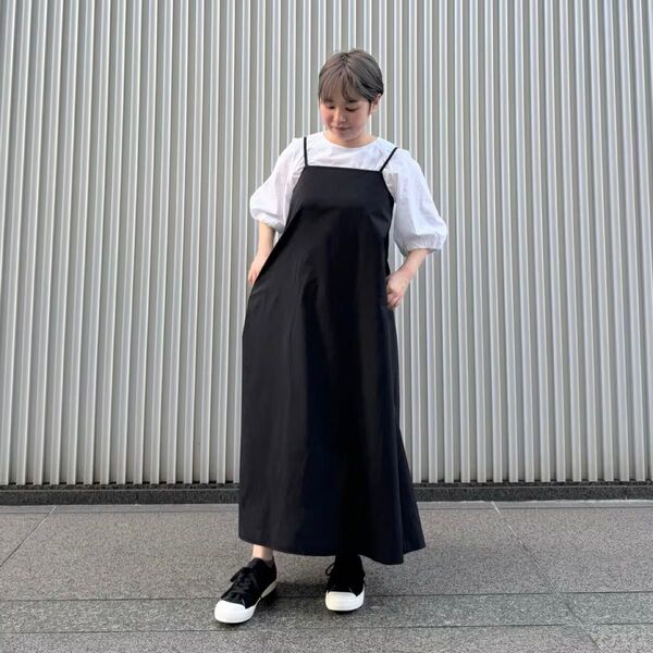無印良品 MUJI 乾きやすいブロードキャミソールワンピース 黒 S ブラック