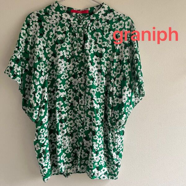 graniph ドルマンブラウス グリーン フリーサイズ 梅 半袖 和柄