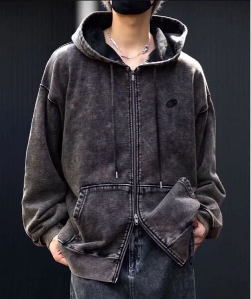 CLEL ヘビーウェイト ロゴ刺繍フルジップパーカー ヴィンテージブラウン系 パーカー ジップアップパーカー 長袖パーカー S