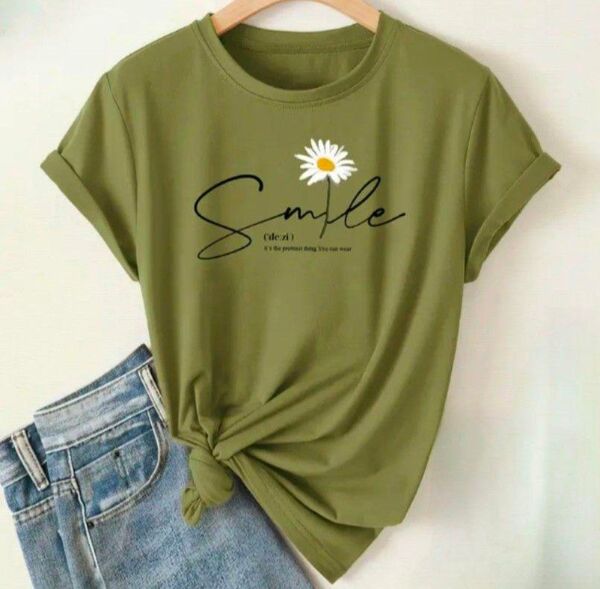 レディース デイジー ひなぎく 半そでTシャツ ポリエステル Mサイズ 草色 フラダンス