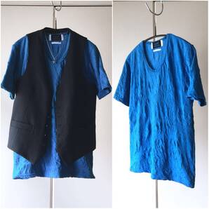 GGD シワ加工 Tシャツ ブルー 2 日本製 S~M程度/ シアーシャツ 花柄 リゾート