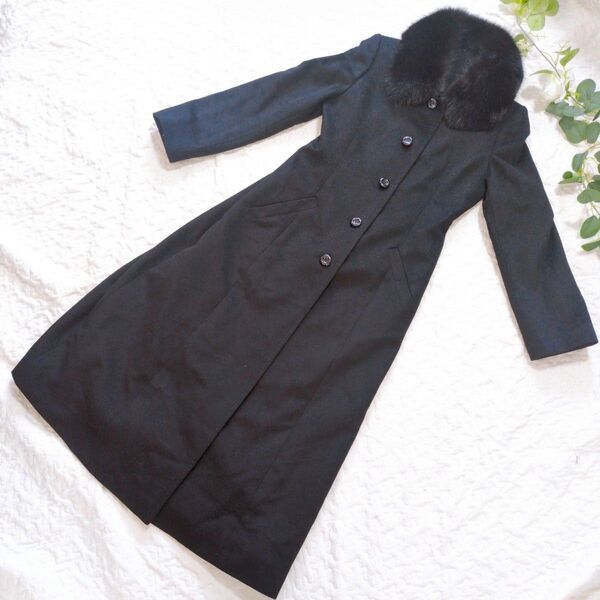 ロングコート ファー 黒 カシミア100% 肩パッド ヴィンテージ