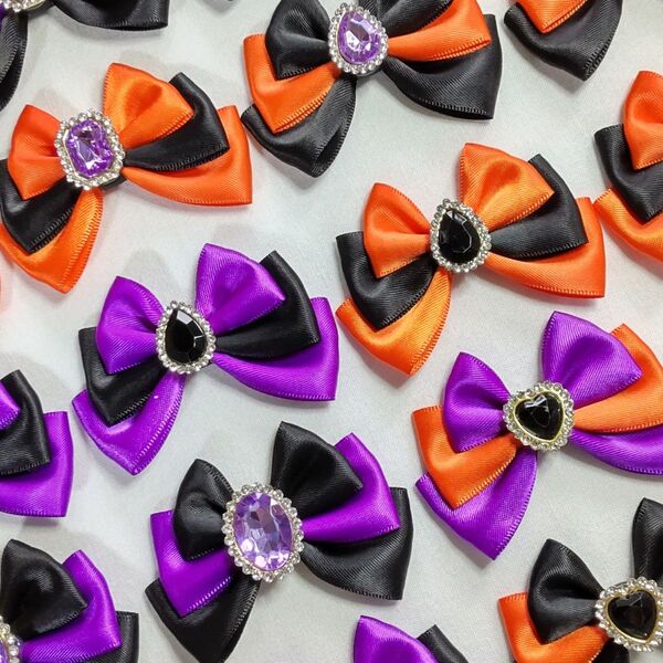 20個 1 ハロウィン アクリルパーツ付き ビジューパーツ 3段リボン 無地サテンリボン リボンモチーフ ハンドメイド
