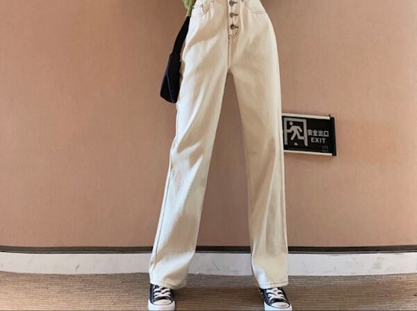 新品 ボタン ハイウエスト ストレート パンツ ジーンズ ボトムス オルチャン
