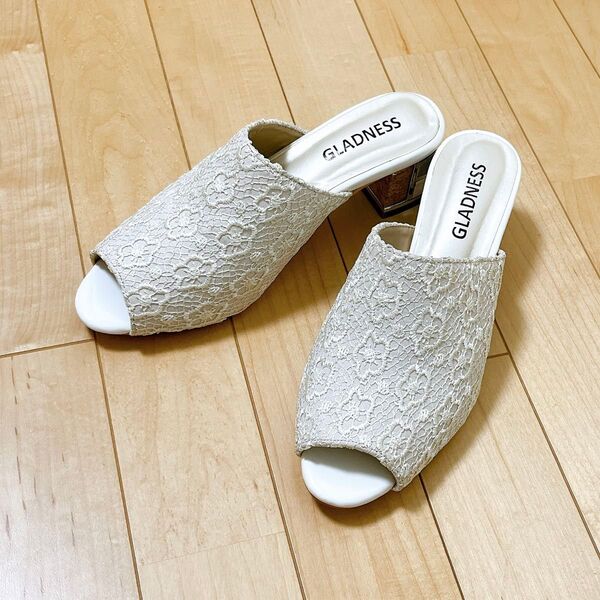 GLADNESS 夏 レース コルク シルバー ラメヒール ミュールサンダル L