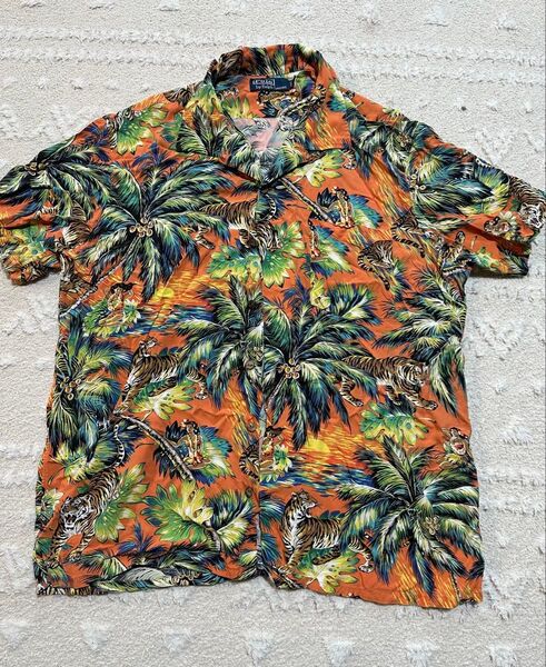 POLO RALPH LAUREN ラルフローレン 半袖シャツ アロハ ヤシの木 虎柄 タイガー オレンジ L