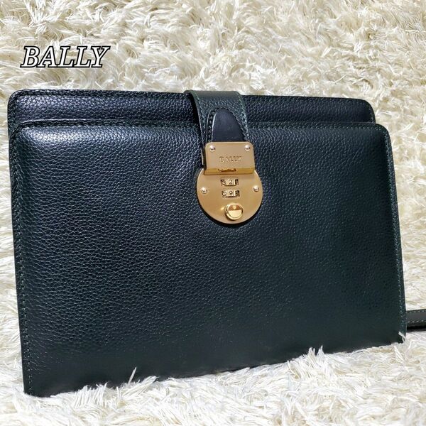 極美品 BALLY クラッチバッグ セカンドバッグ グリーン 金金具 シボ革