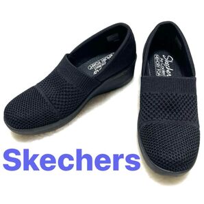 Skechers スケッチャーズ スリッポン ウエッジソール 5.5cm ブラック 22 22.5 23cm