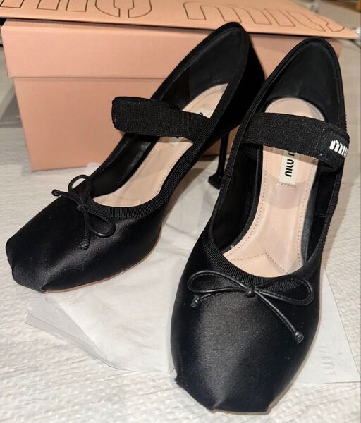 miumiu バレリーナトゥサテンパンプス ヒール リボン ブラック 37 24cm 24.5cm