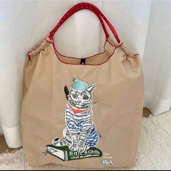 刺繍エコバッグ ベージュ 猫 Mサイズ トートバッグ ショルダーバッグ かわいい