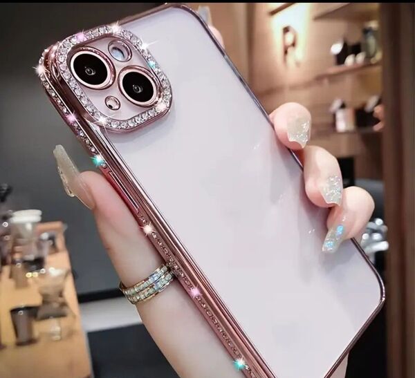 iPhone 14 14plus 15plus スマホケース ローズピンク ラインストーン キラキラ かわいい