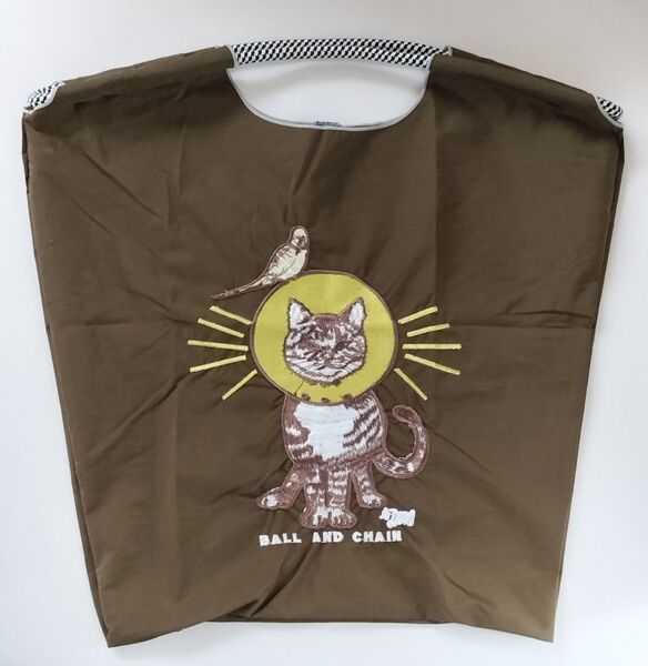 刺繍エコバッグ アーミーグリーン 猫 Mサイズ トートバッグ ショルダーバッグ かわいい
