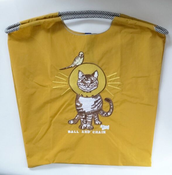 刺繍エコバッグ イエロー 猫 Mサイズ トートバッグ ショルダーバッグ かわいい