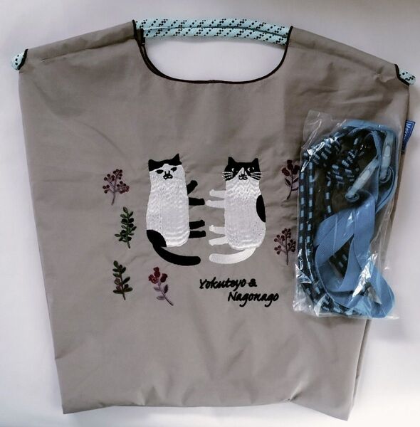 刺繍エコバッグ グレー 猫 ストラップ付き Mサイズ トートバッグ ショルダーバッグ かわいい
