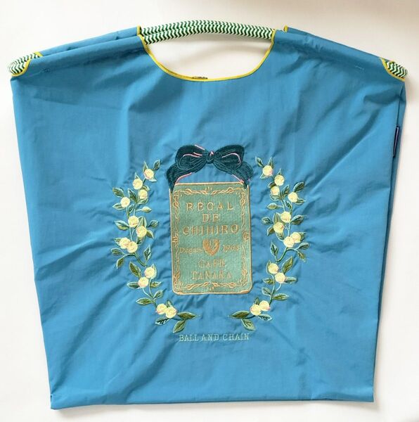 刺繍エコバッグ 青 ブルー お花 リボン Mサイズ トートバッグ ショルダーバッグ かわいい