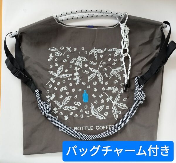 刺繍エコバッグ グレー バッグチャーム&ストラップ付き Mサイズ トートバッグ ショルダーバッグ かわいい