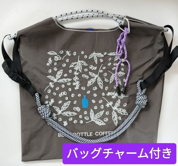 刺繍エコバッグ グレー バッグチャーム&ストラップ付き Mサイズ トートバッグ ショルダーバッグ かわいい