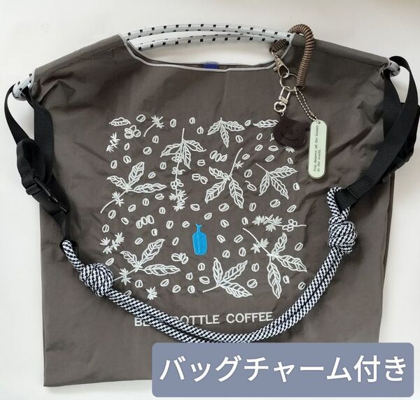 刺繍エコバッグ グレー バッグチャーム&ストラップ付き Mサイズ トートバッグ ショルダーバッグ かわいい