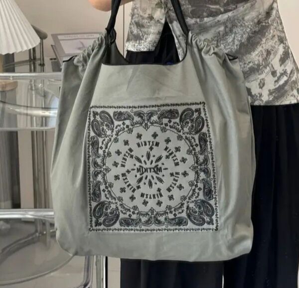 刺繍エコバッグ グレー Mサイズ バンダナ柄 トートバッグ かわいい