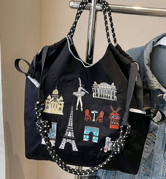 刺繍エコバッグ 黒 ブラック ストラップ付き Mサイズ トートバッグ ショルダーバッグ かわいい