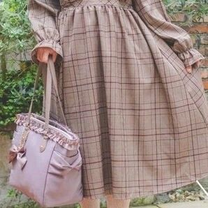 しまむら 青木美沙子 フリル チェック ワンピース 4L ブラウン 大きいサイズ