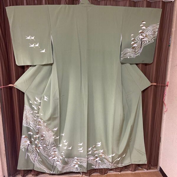 A 訪問着 正絹 袷 抹茶色 鶴 松 礼装 躾付き 共八掛 和装 着物 高級品