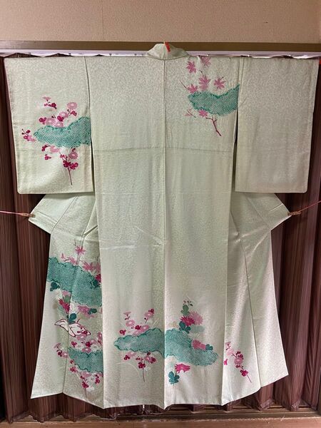 A 付け下げ 袷 正絹 鶯色 菊 紅葉 和服 和装 和風 和物
