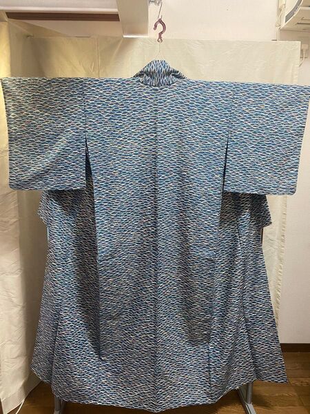 Y 小紋 単衣 化繊 着物 青系 和服 和装 和風 和物 お稽古 リメイク