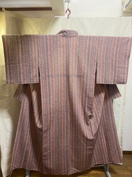 Y 小紋 単衣 化繊 着物 お稽古 普段着 渋いピンク 和物 和服 和装 和風