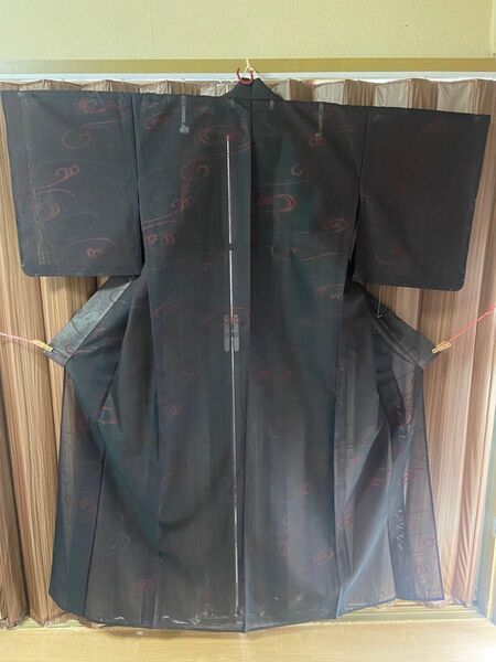 A 小紋(夏用)紗 黒地 流水 躾付き 着物 和物 和服 和装 和風
