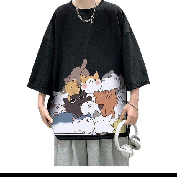 夏服 Tシャツ メンズ 半袖 トップス 無地 ゆったり 猫ロゴ おもしろシャツ 可愛い 大きい 丸首 かわいい 快適 オシャレ