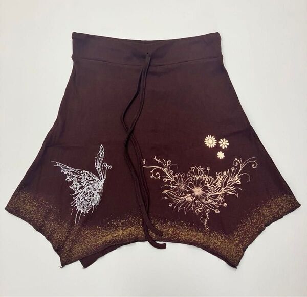 新品未使用品 ミニスカート ブラウン 蝶 花柄 ペイント タイ アジアン エスニック レディース
