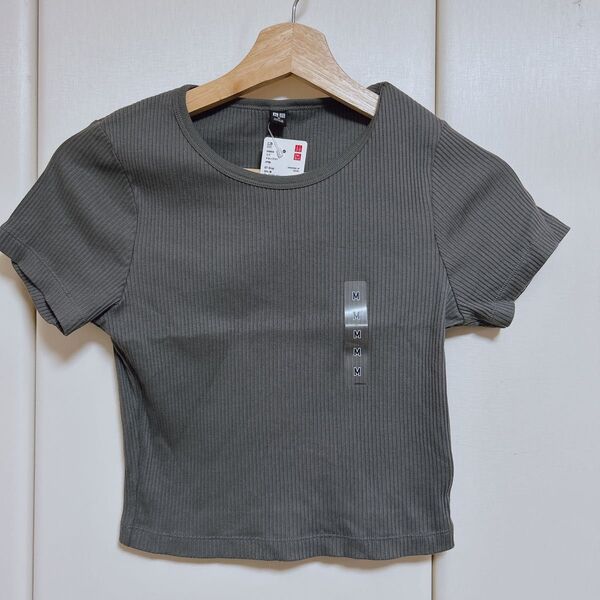 【新品タグ付き】UNIQLO リブクロップドT M グレー
