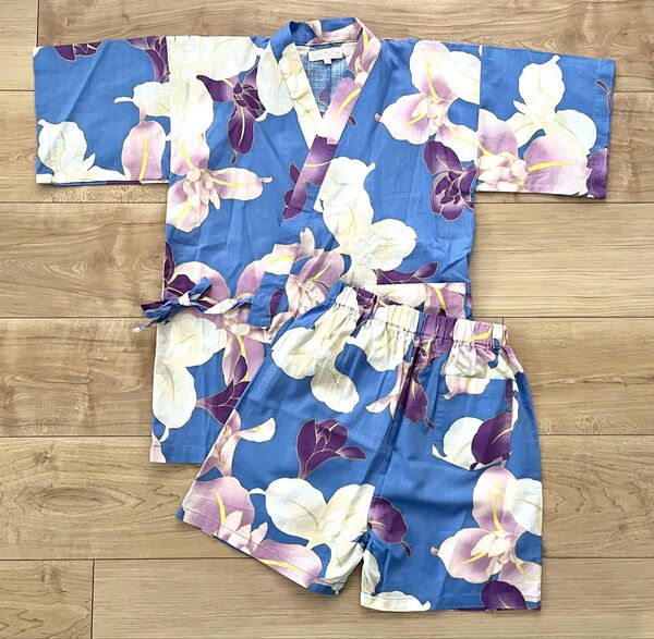 ▲美品 キャサリンコテージ キッズ 甚平 浴衣 ゆかた ブルー 花柄 130