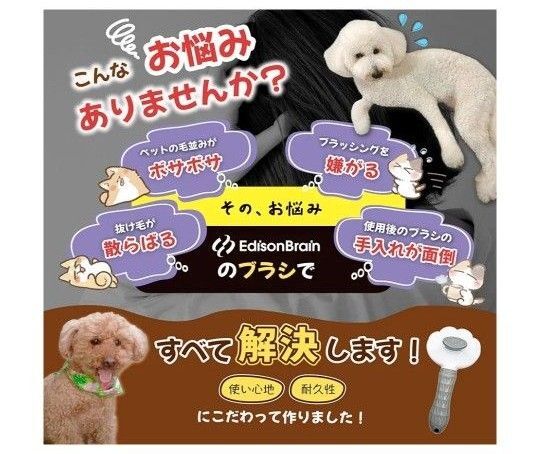 ペット用 マッサージブラシ 【マッサージビーズで気持ちよく抜け毛除去】ワンプッシュ式 犬・猫兼用 グルーミングブラシ