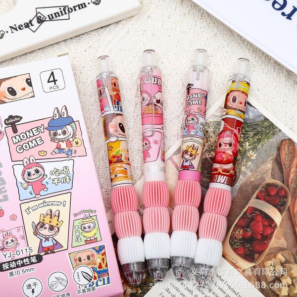 新品、ラブブキャラクターのボールペン4本セット、黒インク、0.5mm