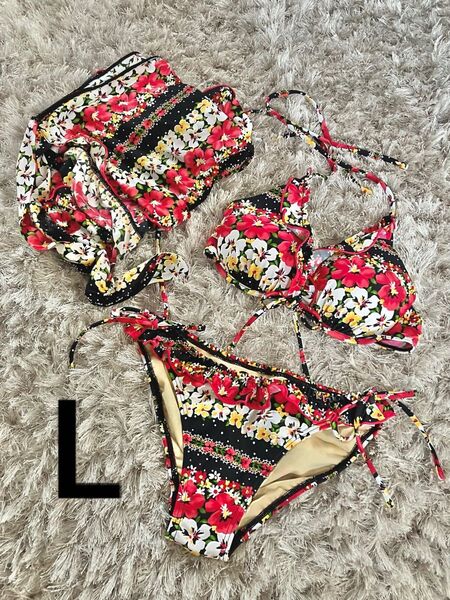 美品 ビキニ L パレオ ホルターネック 3点セット 花柄 11L 水着