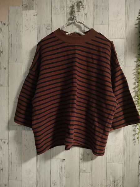 GU 茶色と紺のボーダー五分袖トップス XL Tシャツ カットソー
