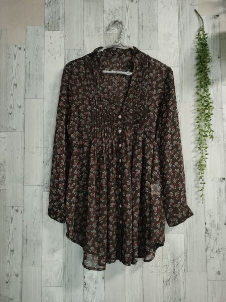apart by lowrys 花柄ブラウン長袖シフォンブラウス チュニック 体型カバー 総柄