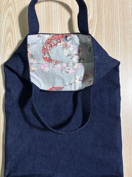 ハンドメイド 鯉柄 トートバッグ エコバッグ 手提げバッグ