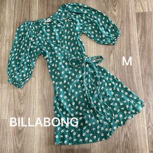 BILLABONG 小花柄 半袖チュニック カットソーワンピース M 緑×白 パフスリーブ