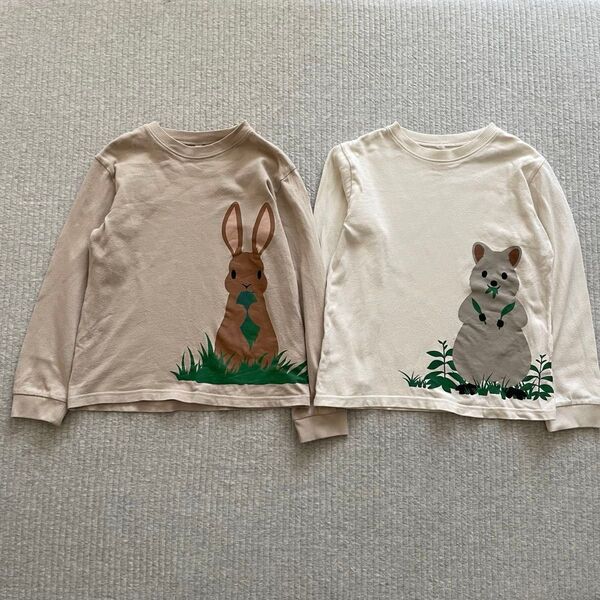 無印良品 カットソー 140cm 定価4000円 2枚セット まとめ売り 甘撚りプリント長袖Tシャツ ヨーロッパウサギ クオッカ