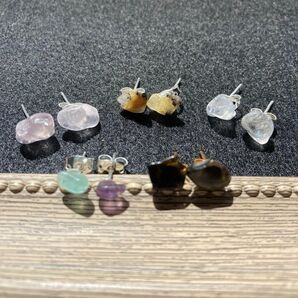 ローズクォーツ ルチルクォーツ フローライト モリオン 水晶 天然石Dピアス 5点セット