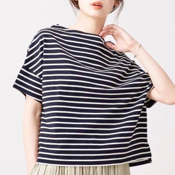 【新品】NANO universe ナノユニバース ワイドドロップボーダーTシャツ 半袖 カットソー 紺 ネイビー ホワイト