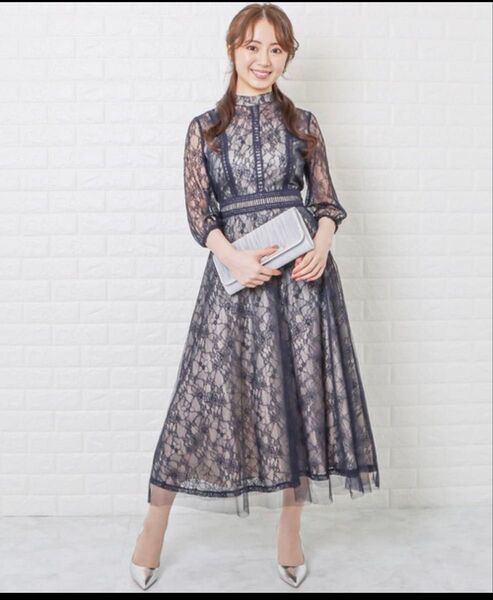 Lace Ladies チュールレースロングワンピースドレス SZP250 ネイビー 七分袖