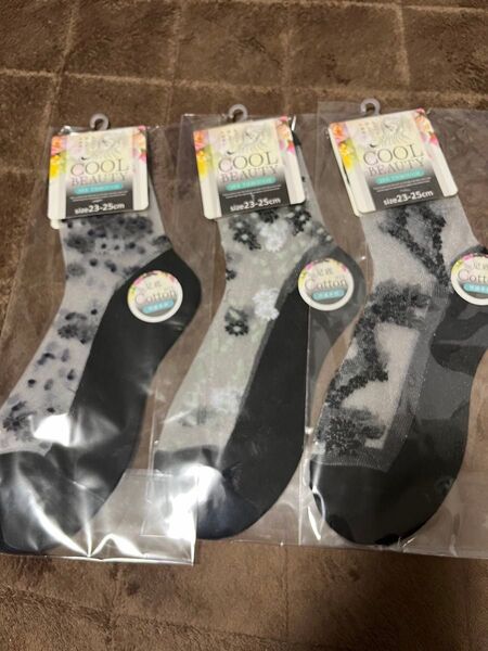 【新品】シースルー ソックス 3足セット 綿混 ミドル丈